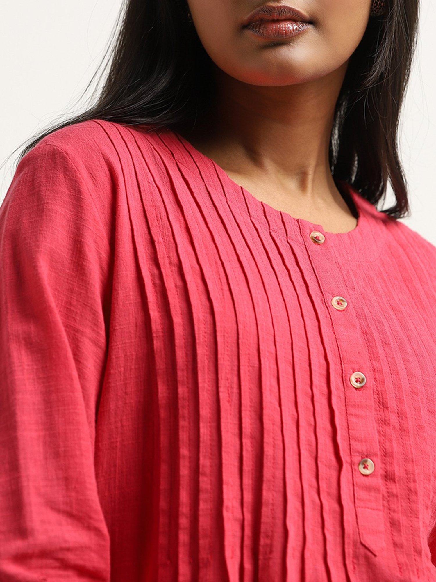 Utsa by Westside Fuchsia Pintuck Detailed A-Line Cotton Kurti