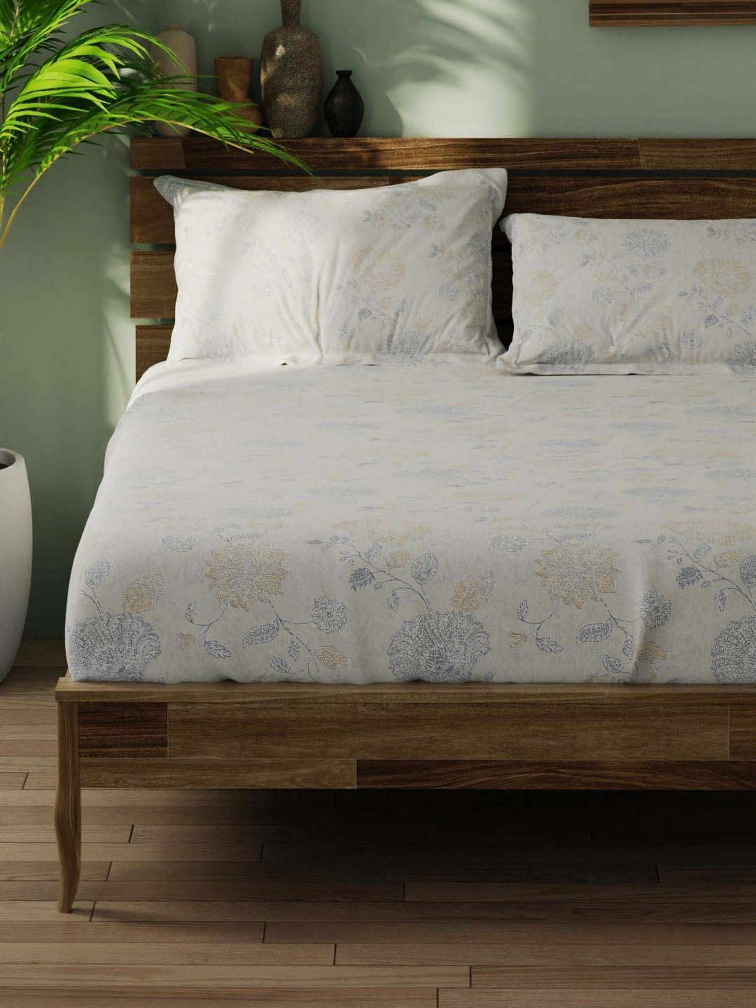 Bianca Organica White & Blue 180 TC Cotton King Bedsheet with 2 Pillow Covers