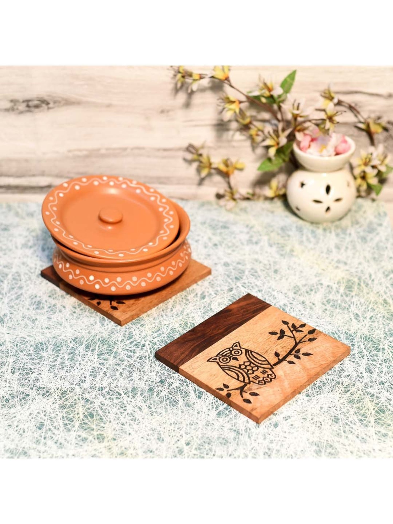 Unravel India Brown & Black Wood Coaster - Set of 6