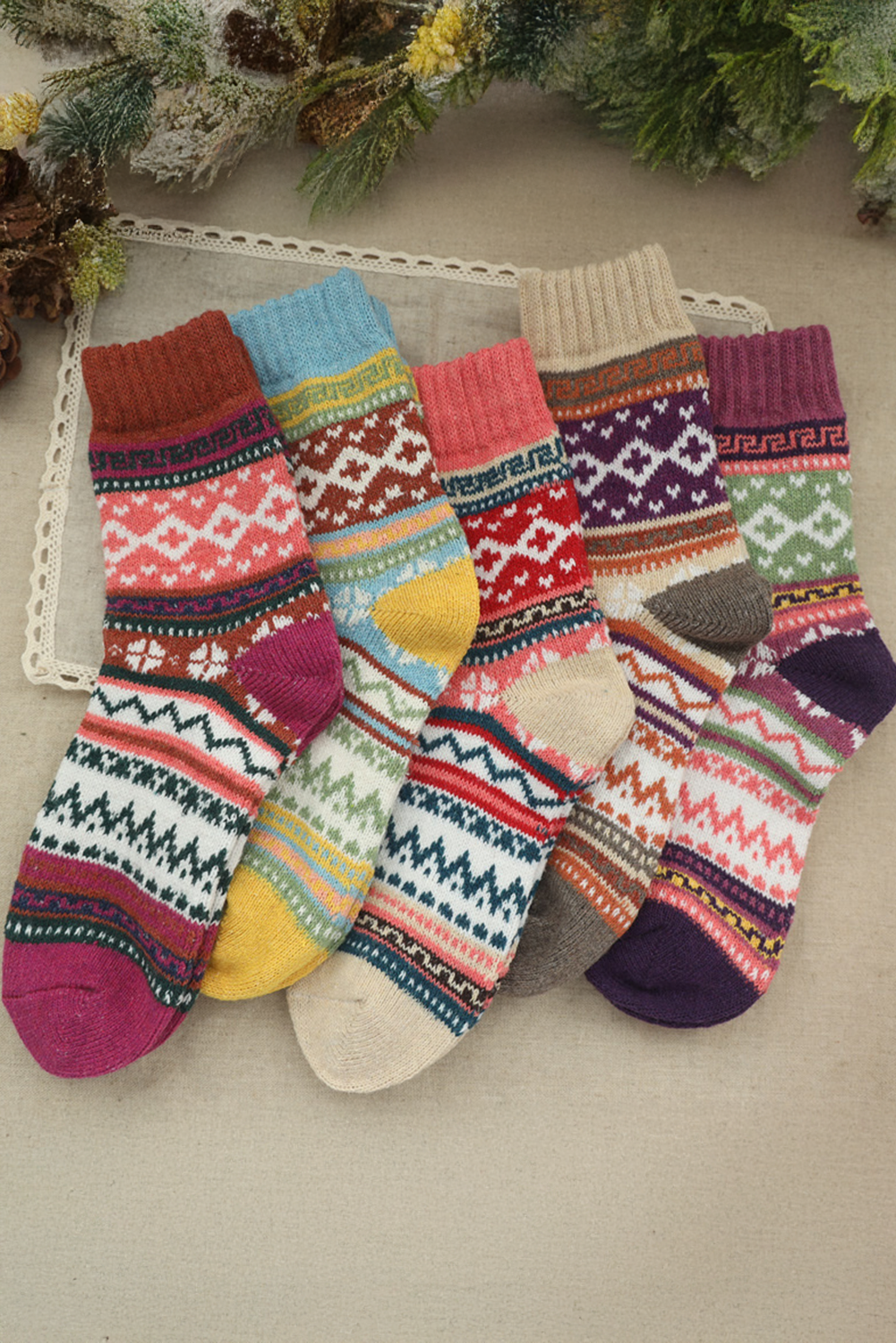 Camel Vintage Geometric Striped Warm Winter Socks
