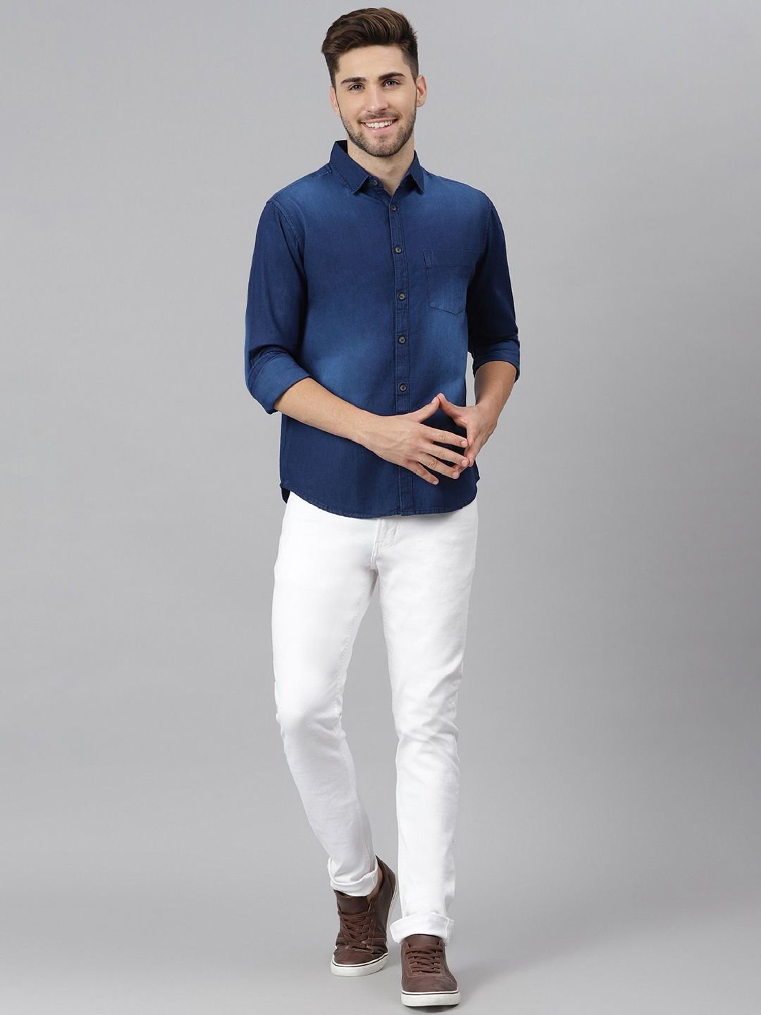 Dennis Lingo Navy Cotton Slim Fit Denim Shirt