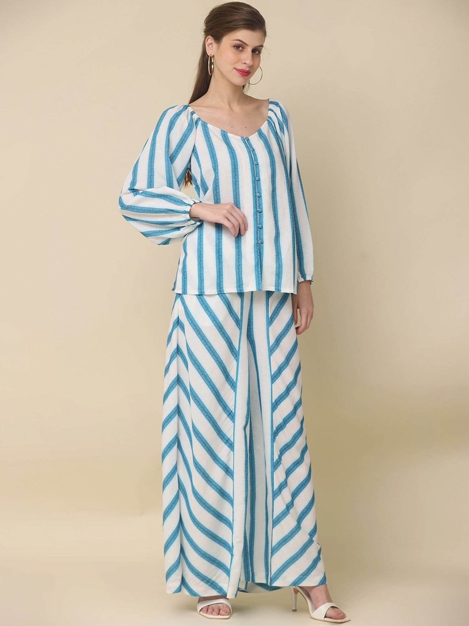 Zolo Label Blue & White Cotton Striped Top Palazzo Set