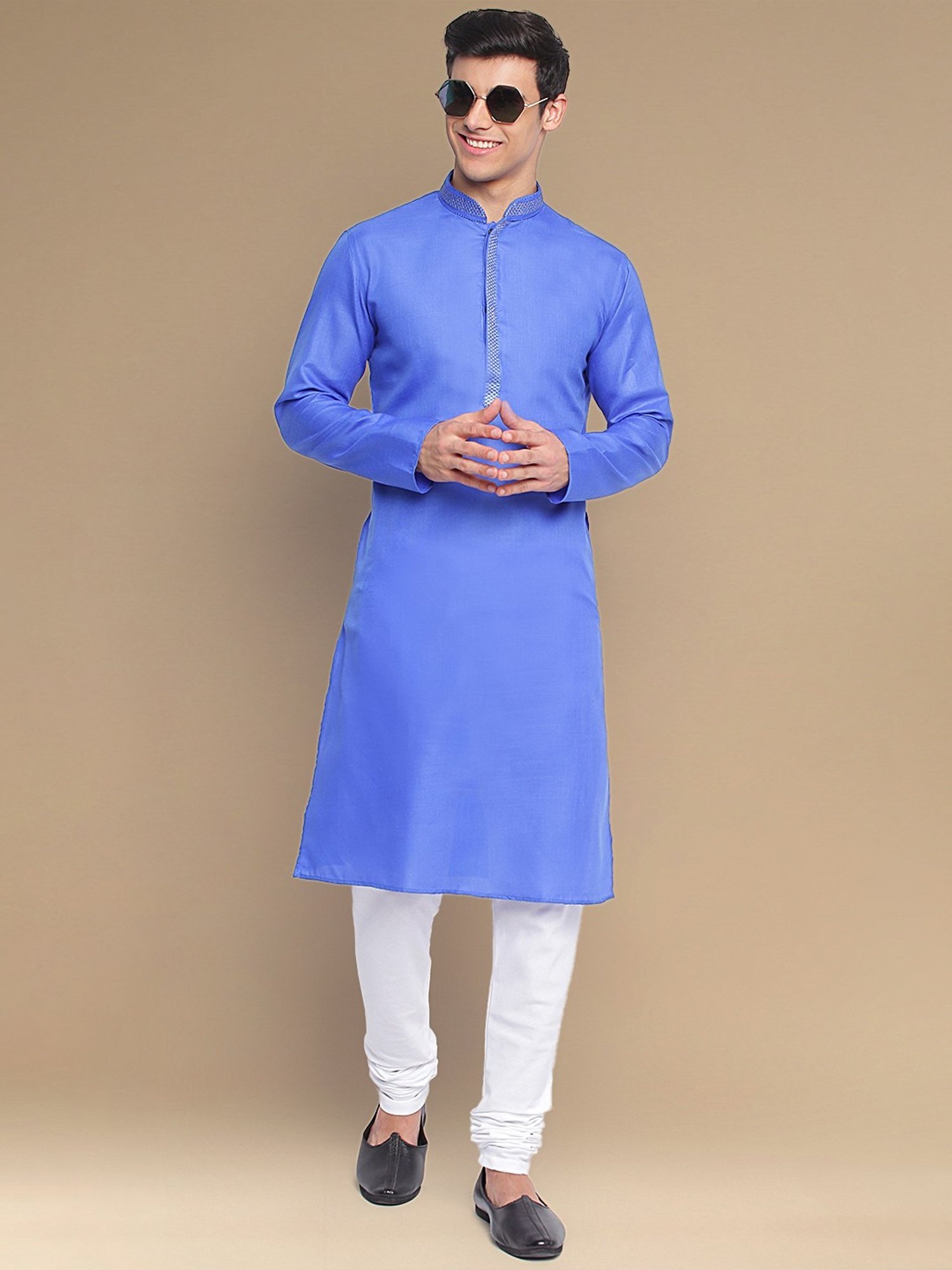 Sanwara Ink Blue & White Cotton Regular Fit Kurta Bottom Set