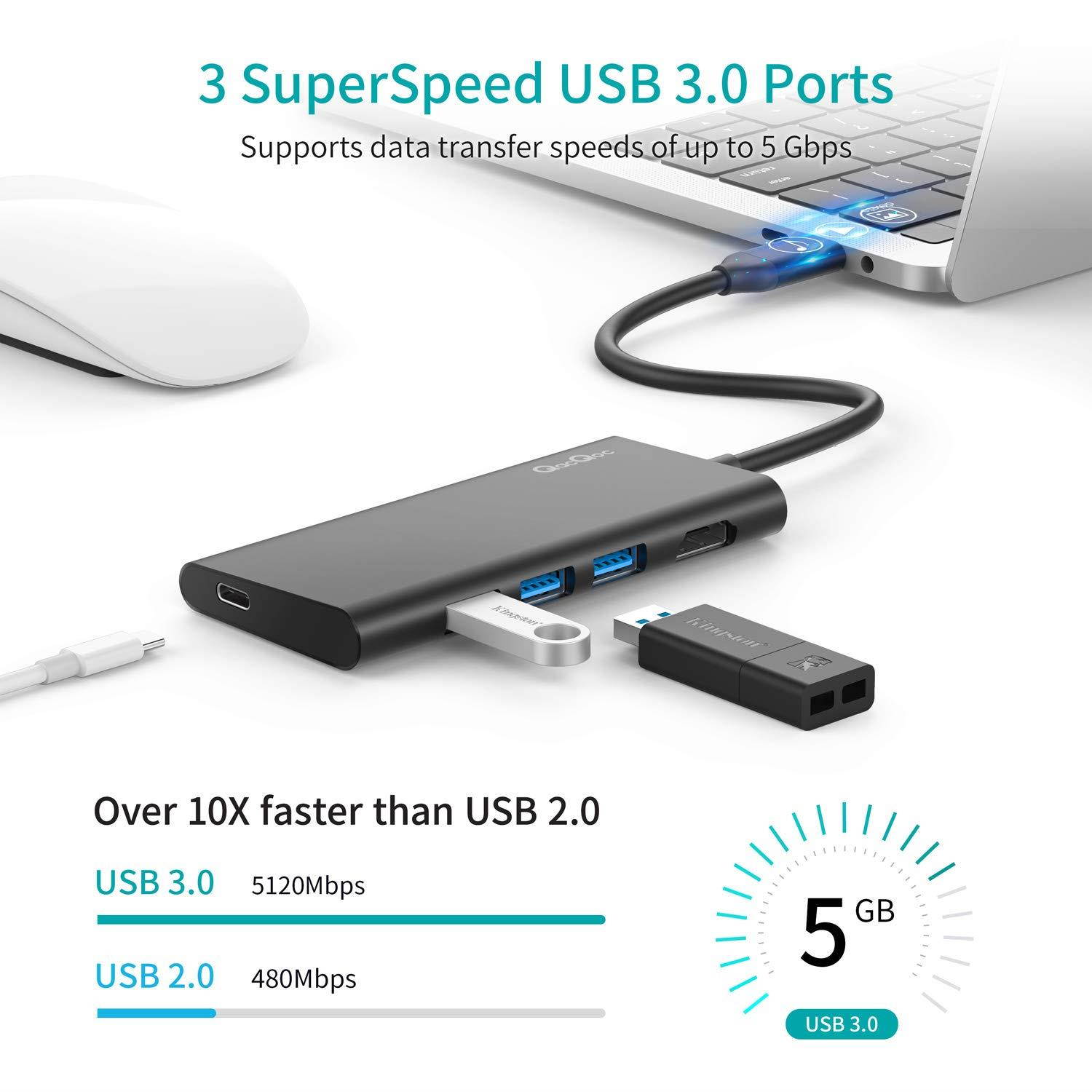 USB C Hub QacQoc 7-in-1 Type C Hub with PD Power Delivery, 4K USB C to HDMI, SD Card Reader, 3 USB 3.0 Ports for MacBook Pro and Type C Windows Laptops(Black)