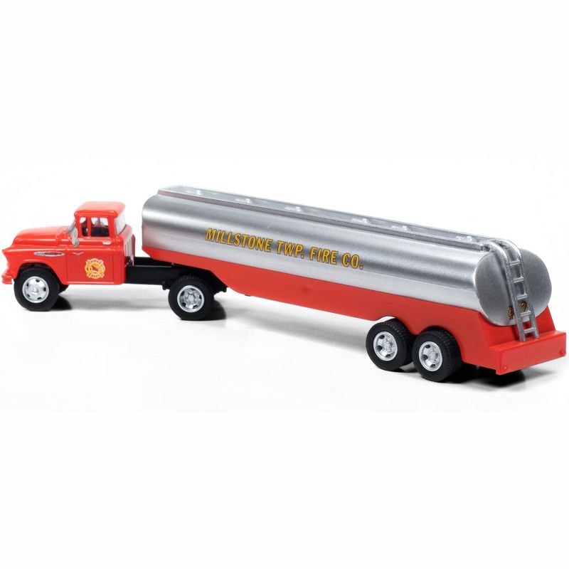 1957 Chevrolet Truck Tractor with Tanker Trailer Orange and Silver "Millstone Township Fire Co." 1/87 (HO) Scale Model by Classic Metal Works