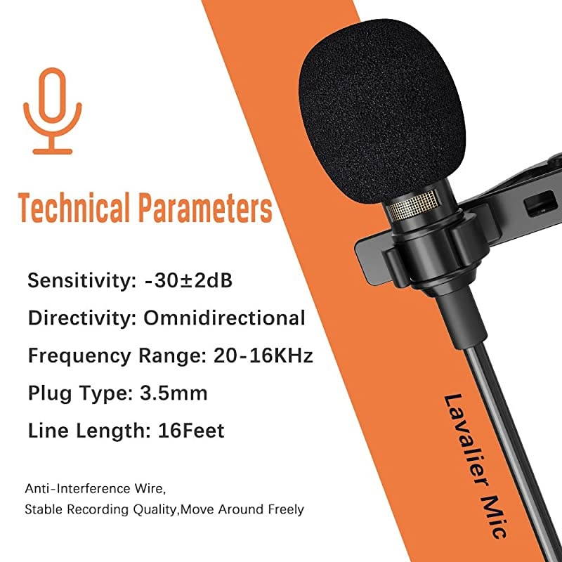 16 Feet Single Head Lavalier Lapel Microphone Omnidirectional Condenser Mic for iPhone Android Windows Smartphones YouTube Interview Studio Video Recording Noise Cancelling Mic