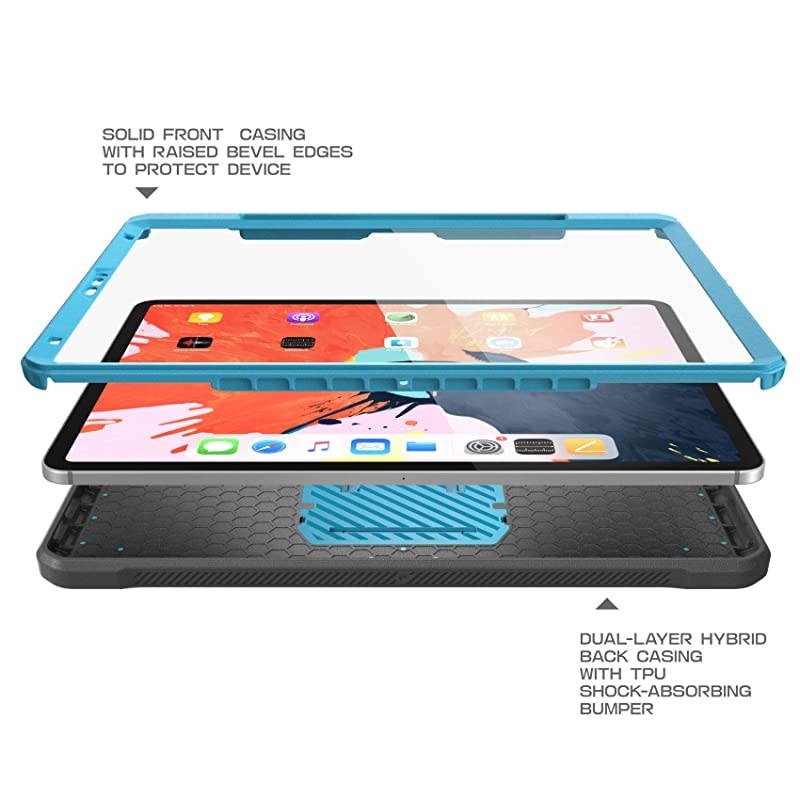 UB Pro Series Case for iPad Pro 11 2018 Release Support Pencil Charging with Builtin Screen Protector FullBody Rugged Kickstand Protective Case Blue