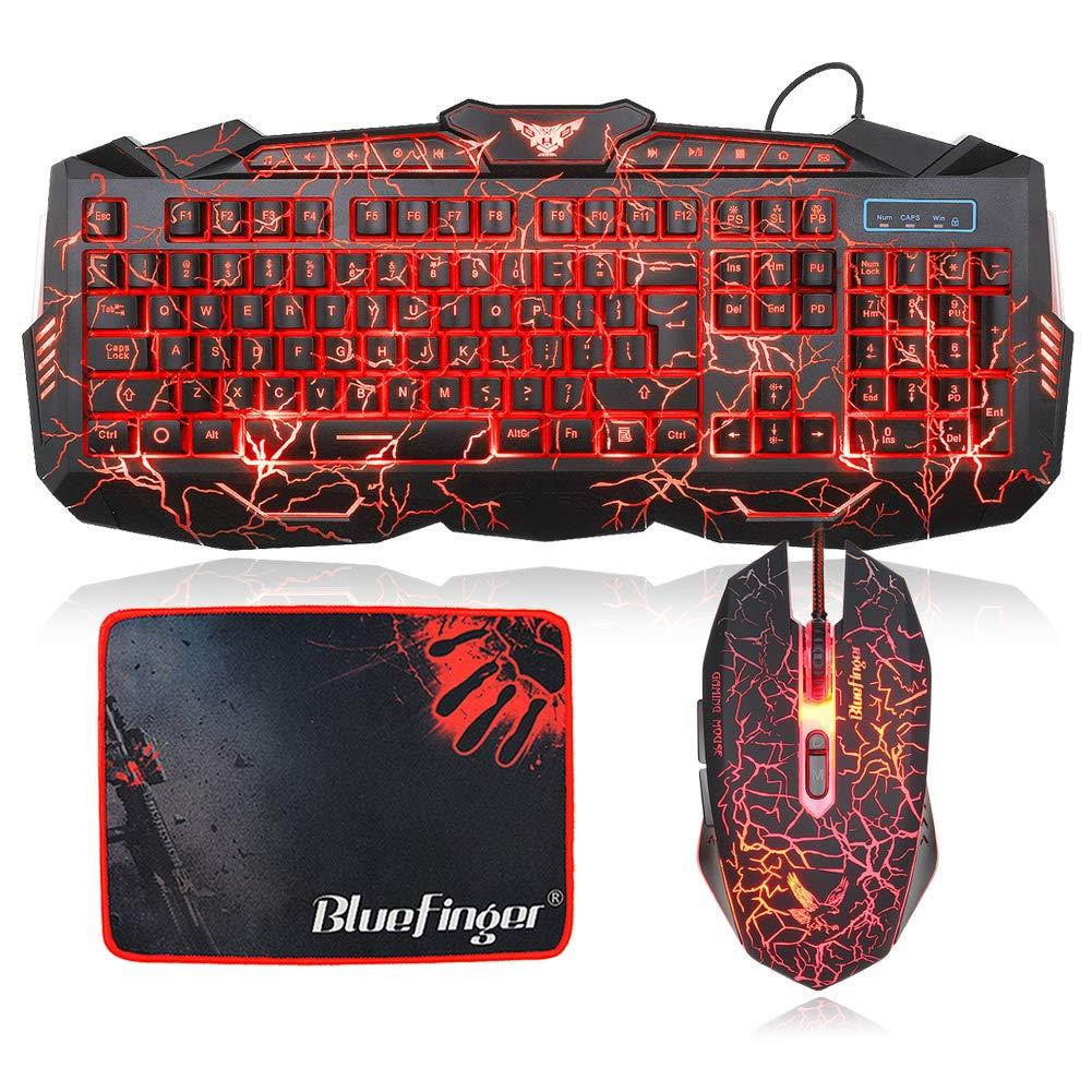 BlueFinger Mechanical Feeling Gaming Keyboard,Gaming Mouse and Mouse Pad Combo,USB Wired Keyboard,114 Keys Letters Glow,3 Color Blue/Red/Purple Backlit Crack Pattern,Keyboard Bundle for Computer Gamer
