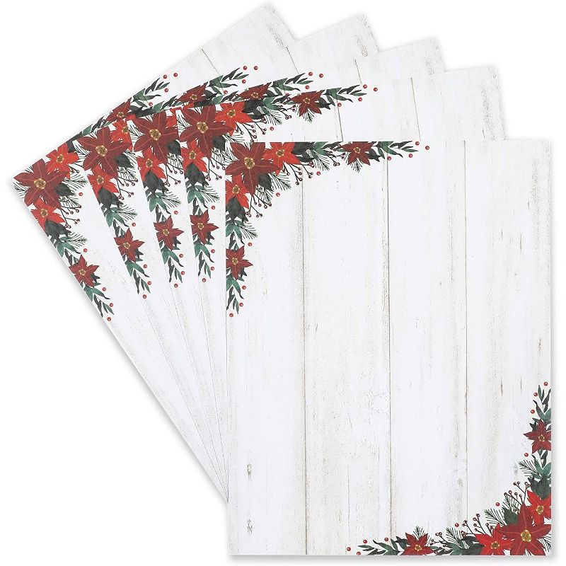 Pipilo Press 100-Pack Poinsettia Floral Christmas Stationery Printer Paper for Writing Letters (8.5 x 11 In)