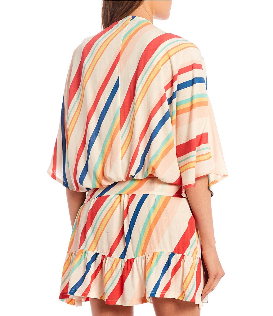 Hurley Short-Sleeve Tie-Front Striped Short Kimono