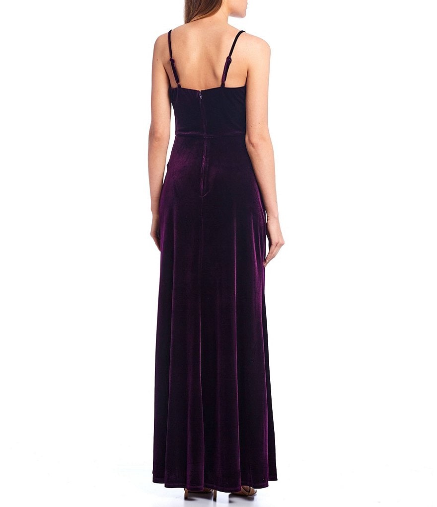 Xtraordinary Cowl Neck Velvet Faux-Wrap Skirt Front High Slit Long Dress