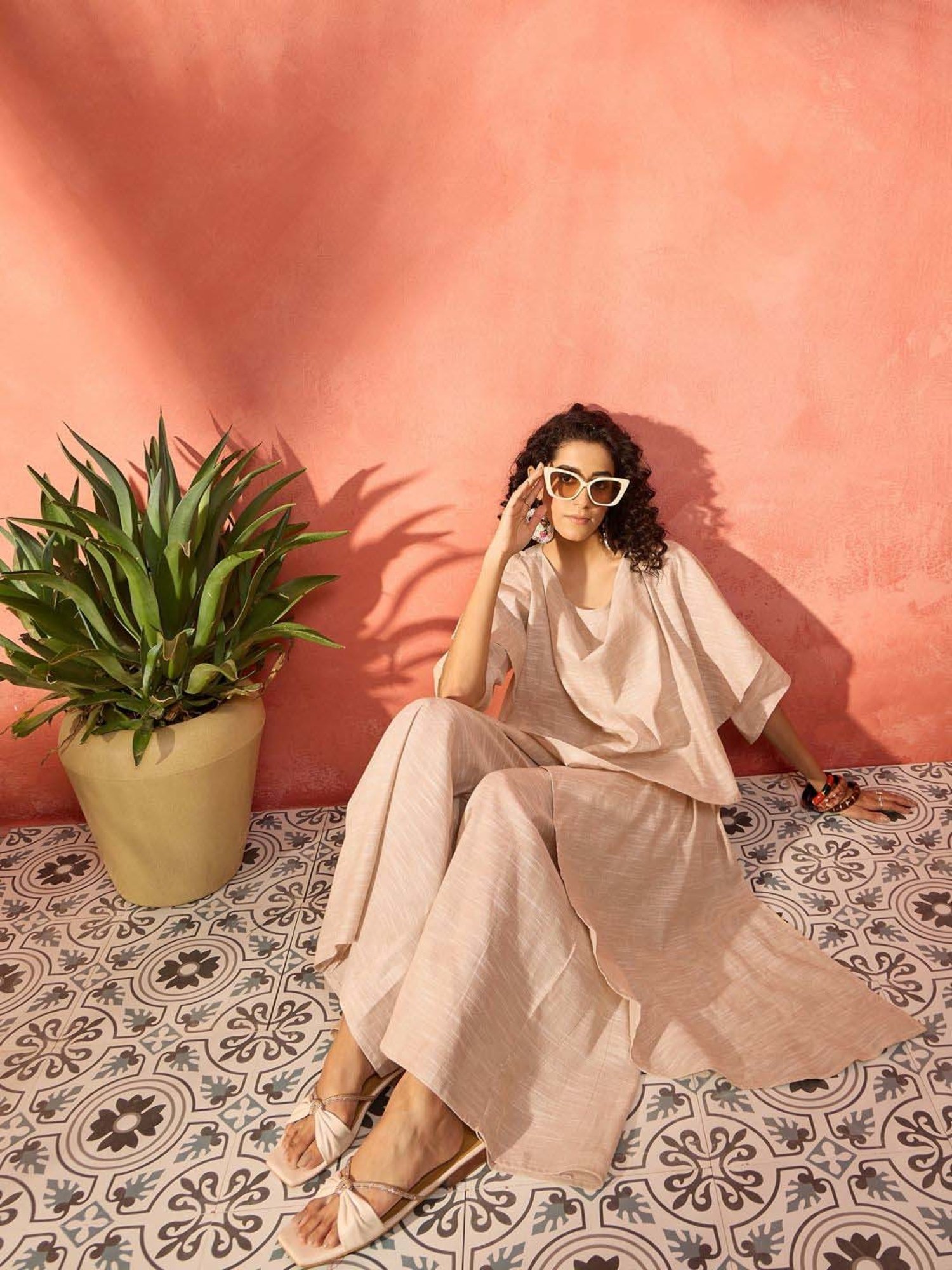 Inweave Beige Cotton Top & Palazzo Set