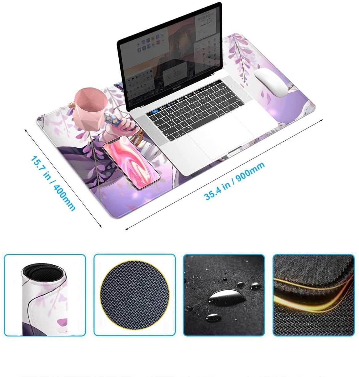 Large Gaming Mouse Pad Anime Demon Slayer Shinobu Kocho Katana Insect Pillar Kimetsu,Laptop Desk Pad,Stitched Edge & Non-Slip Rubber Base Mousepad,Computer Keyboard and Mice Pads Mouse Mat 35.4X15.7