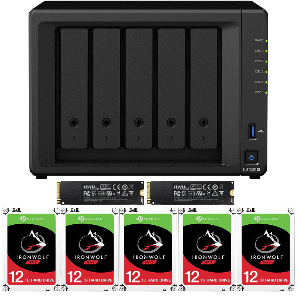 Synology DS1520+ DiskStation with 8GB RAM and 20TB (5 x 4TB) of Seagate Ironwolf NAS Drives and 2TB (2x1TB) NVMe Cache Fully Assembled and Tested By CustomTechSales