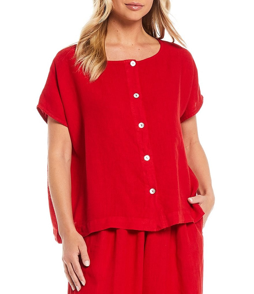 Bryn Walker Bessie Light Linen Cap Sleeve Button Front Boxy Shirt