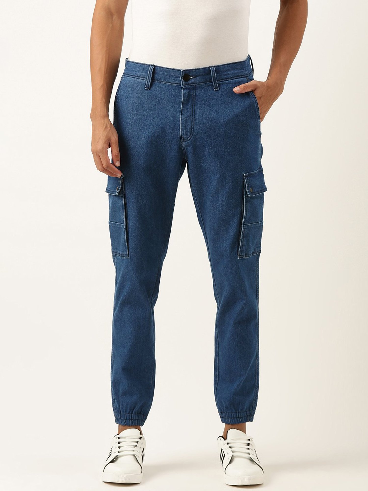 IVOC Medium Blue Regular Fit Lightly Washed Cargo Jogger Jeans