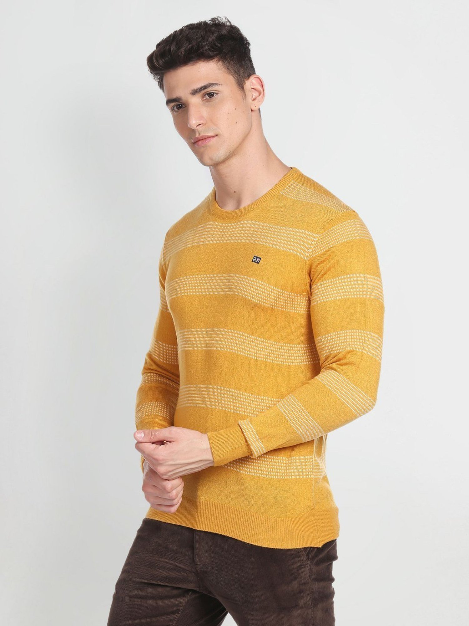 Arrow Sport Yellow Regular Fit Striped Sweater