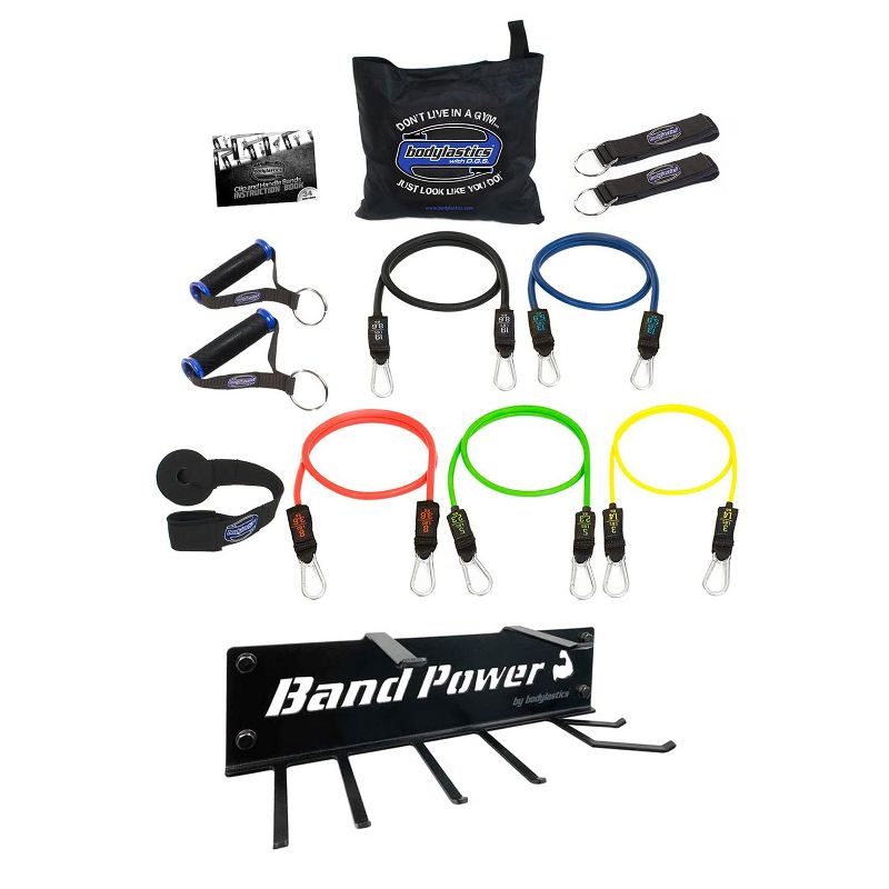 Bodylastics BLSET05 Max Tension 13 Piece Full Body Exercise Equipment Set with Weight Resistance Bands, Handles, Anchors, and Steel Wall 8 Prong Rack