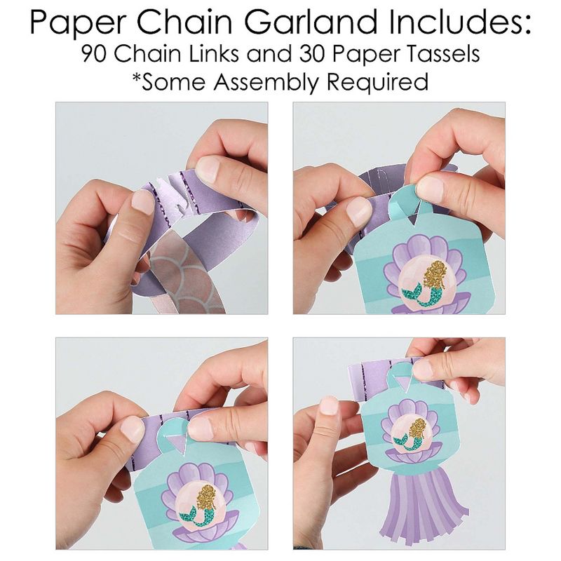Big Dot of Happiness Let's Be Mermaids - 90 Chain Links and 30 Paper Tassels Decor Kit - Baby Shower or Birthday Party Paper Chains Garland - 21 feet