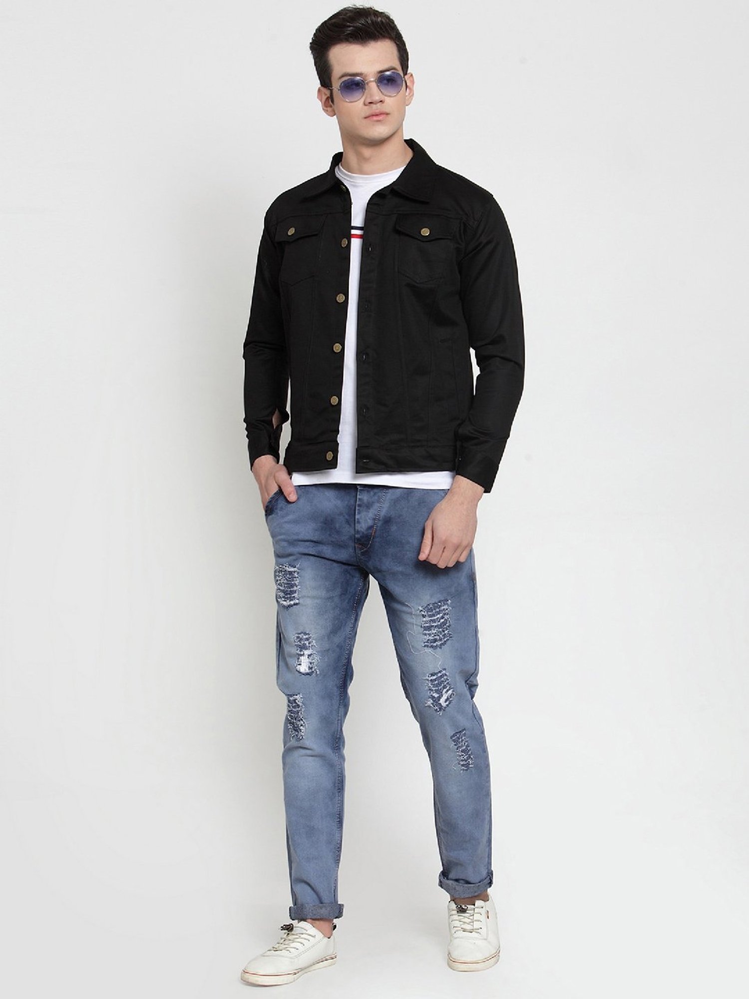 VOXATI Black Full Sleeves Shirt Collar Denim Jacket