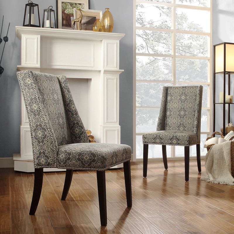 Set of 2 Harlow Wingback Damask Dining Chair with Nailheads Wood Blue - Inspire Q