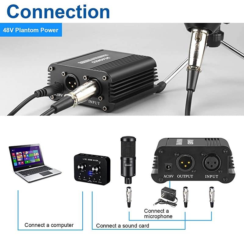 48V Phantom Power Supply Powered by USB Plug in Included with 8 feet USB Cable Bonus + XLR 3 Pin Microphone Cable for Any Condenser Microphone Music Recording Equipment