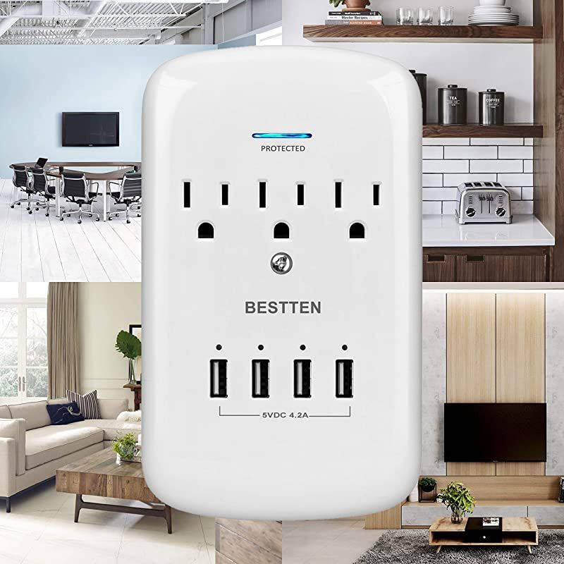 1200Joule Wall Mount Surge Protector 4 USB Charging Ports 5VDC42A and 3 Grounded Outlets 15A125V1875W ETL Listed White