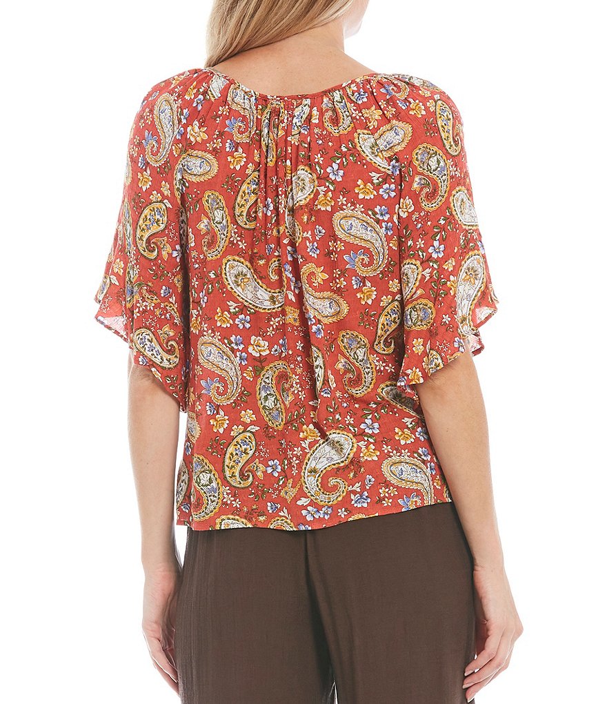 I.N. Studio Petite Size Paisley Print Keyhole Neck 3/4 Raglan Bell Sleeve Top