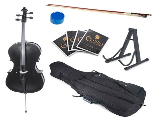 Cecilio 4/4 CCO-Black Student Cello in Black Metallic with Soft Case, Bow, Rosin, Bridge, Strings & Cello Stand (Full Size)