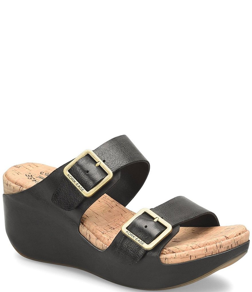 Kork-Ease Grace Leather Buckle Strap Platform Wedge Slide Sandals