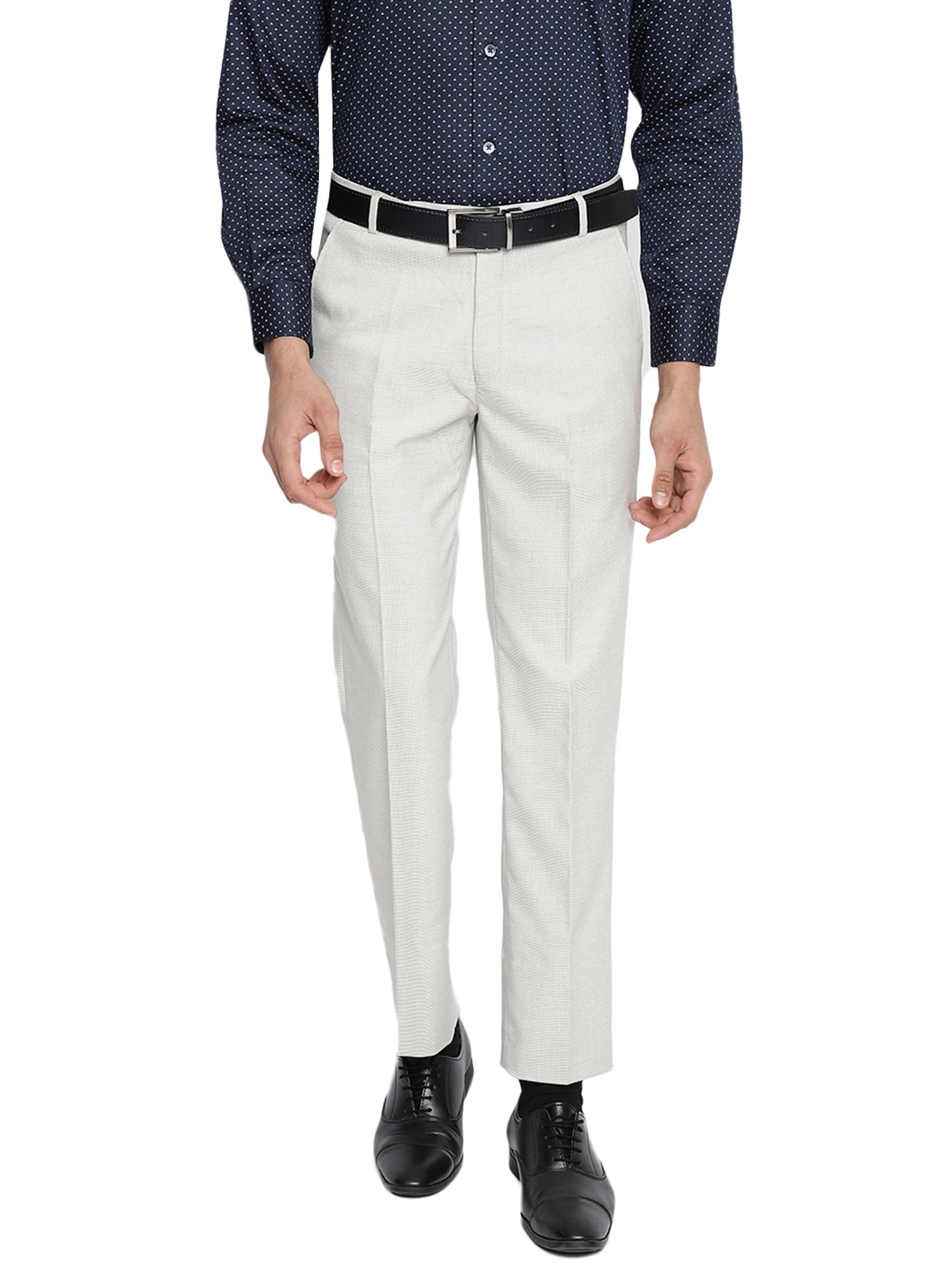 Cantabil Light Beige Regular Fit Printed Flat Front Trousers