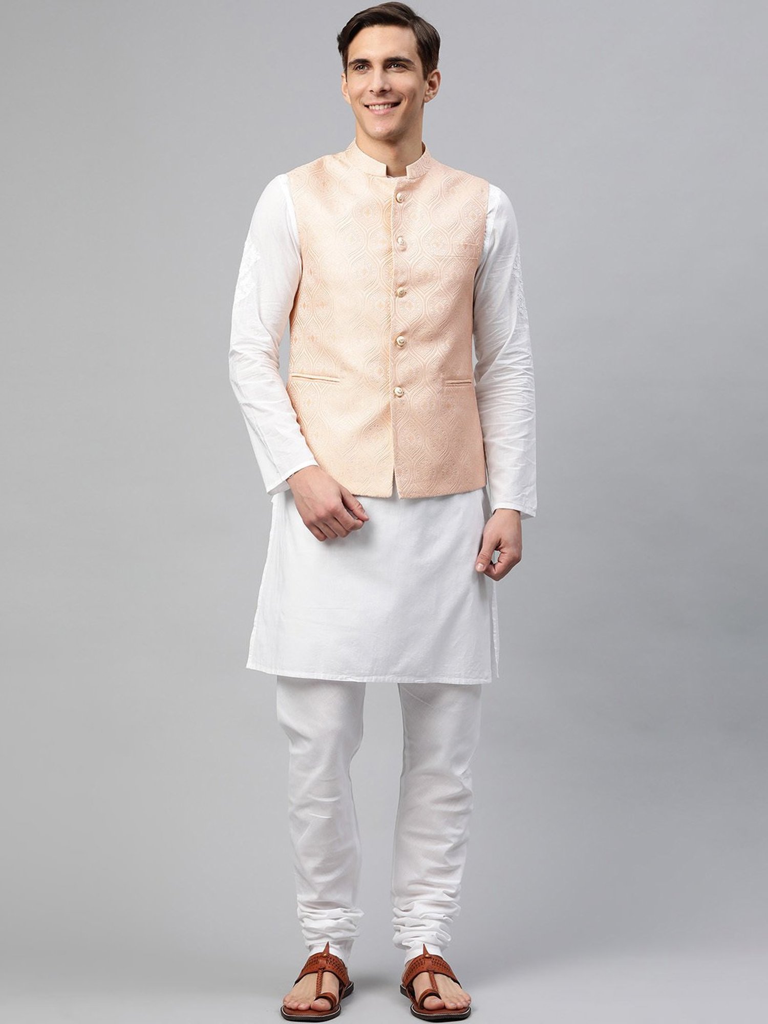 ManQ Peach Mandarin Collar Nehru Jacket