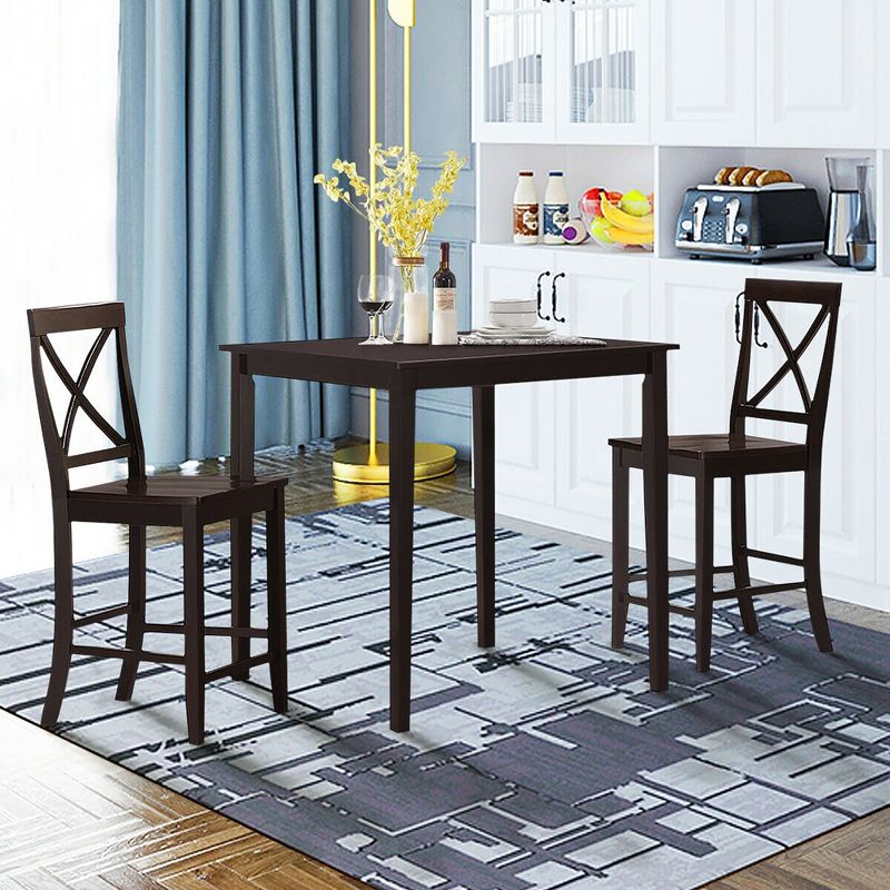 Costway 3-Piece Kitchen Dining Set Counter-Height Square Table with 2 Chairs Rubber Wood Espresso