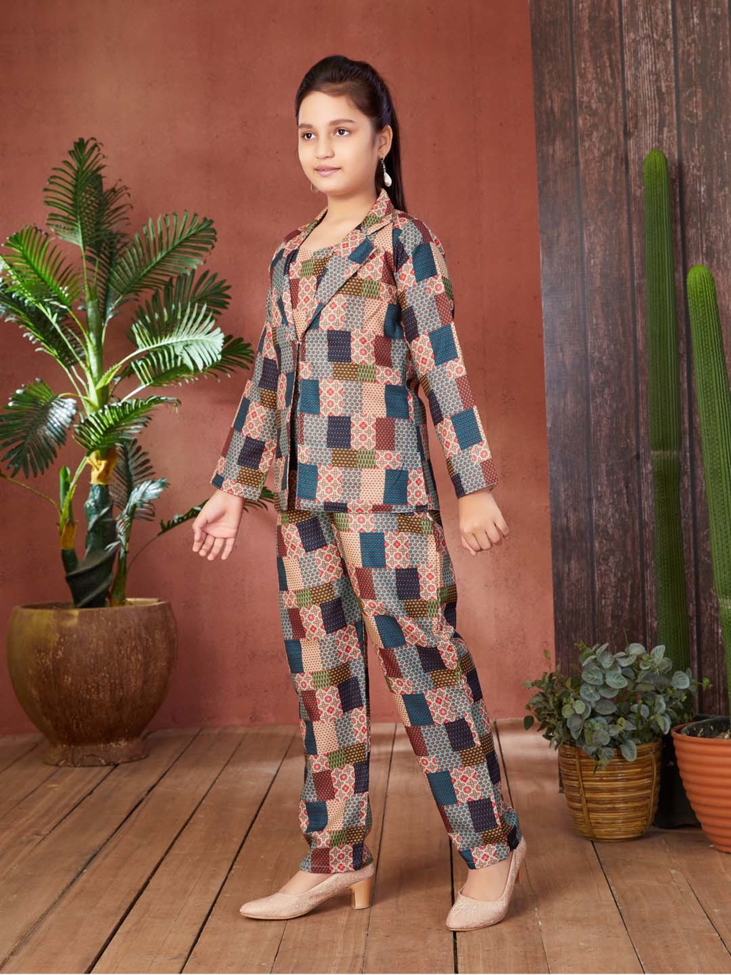 Aarika Girls Multicolor Printed Full Sleeves Crop Top, Pants with Coat