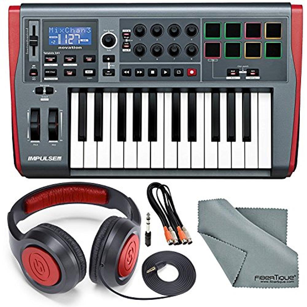 Novation Impulse 25 USB-MIDI Keyboard and Bundle with 2 MIDI to 2 MIDI (Dual) Cable + Samson Stereo Headphones + Fibertique Cleaning Cloth