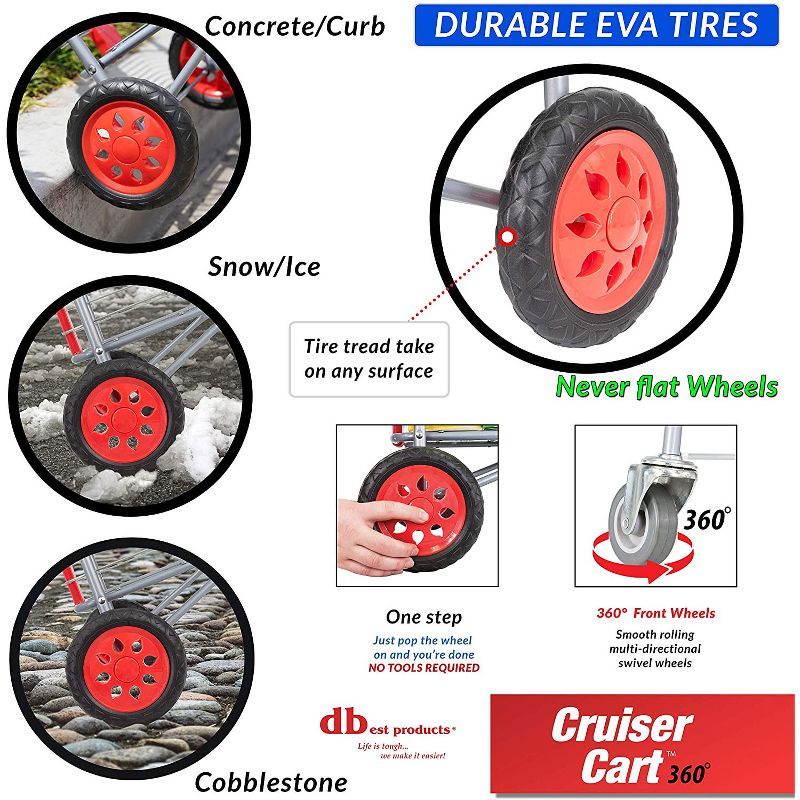 dbest products Steel Cruiser Cart 360 Foldable Lightweight Compact 4 Wheel Shopping Utility Trolley Laundry Basket and Rolling Storage Cart, Red