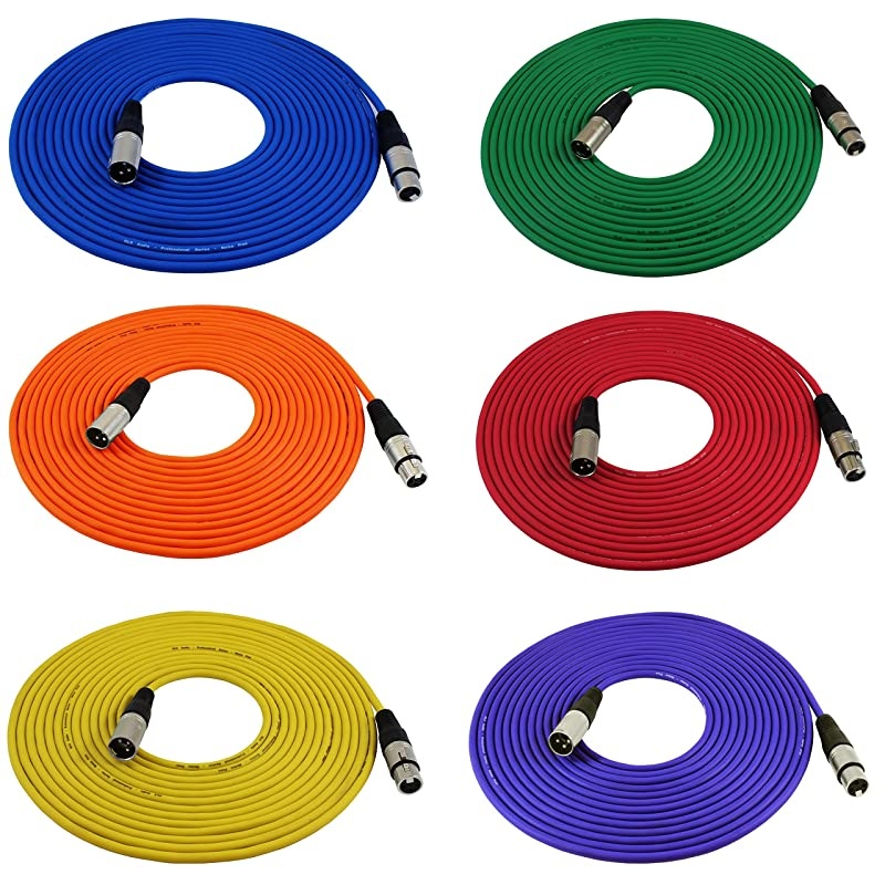 25ft Mic Cable Cords - XLR Male to XLR Female Colored Cables - 25' Balanced Mike Cord - 6 Pack