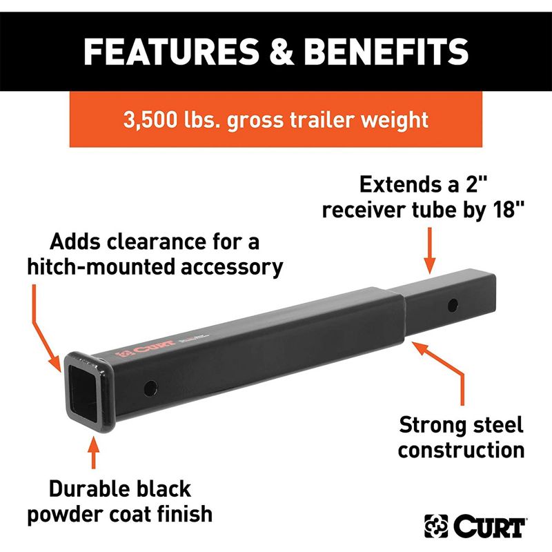 CURT 45796 18 Inch Corrosion Resistant Trailer Hitch Extension for 2 Inch Receiver Tube Holds 3500 Pounds and Extends Tow Load, Black