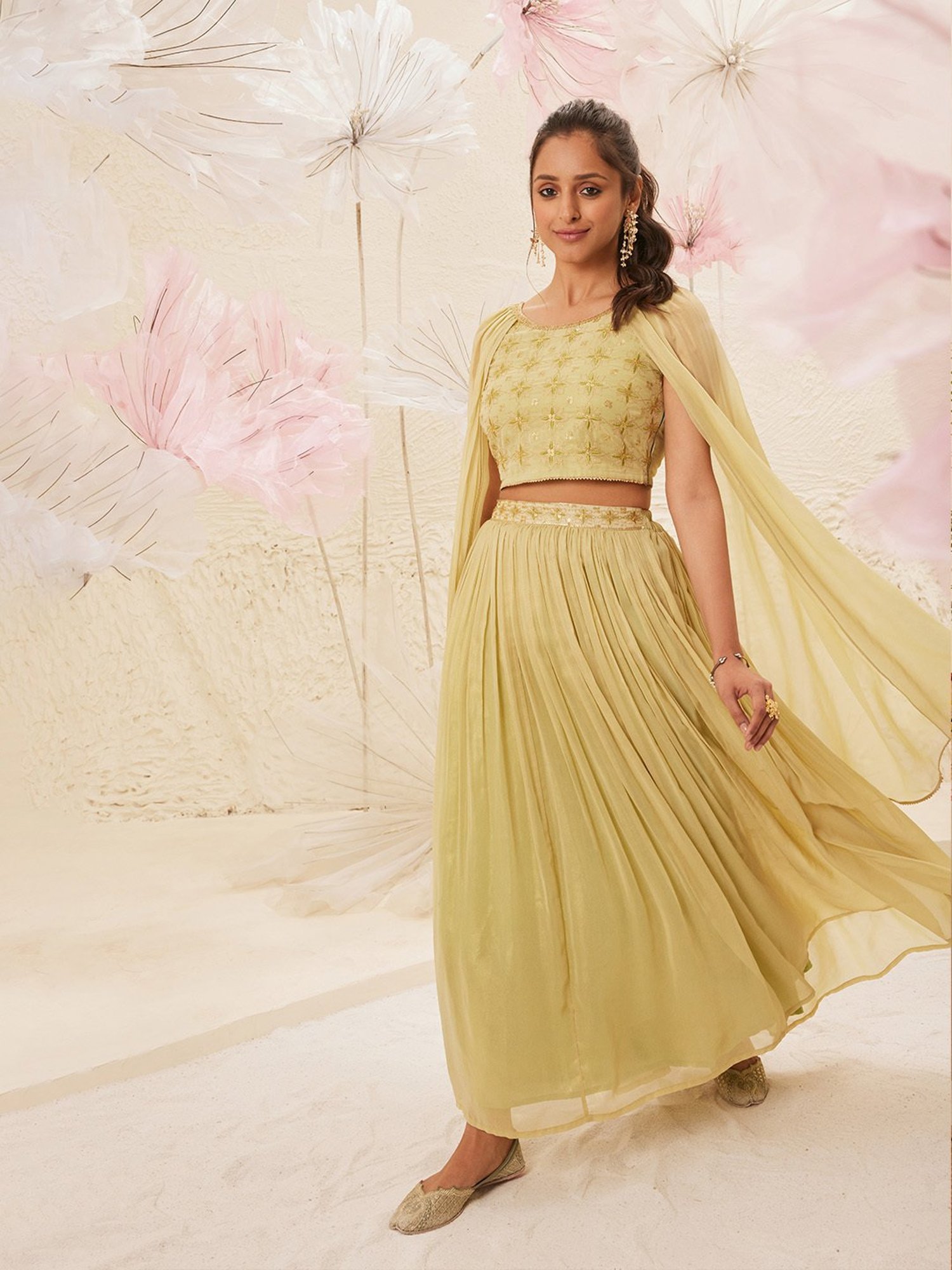 Aurelia Green Embroidered Crop Top Skirt Set