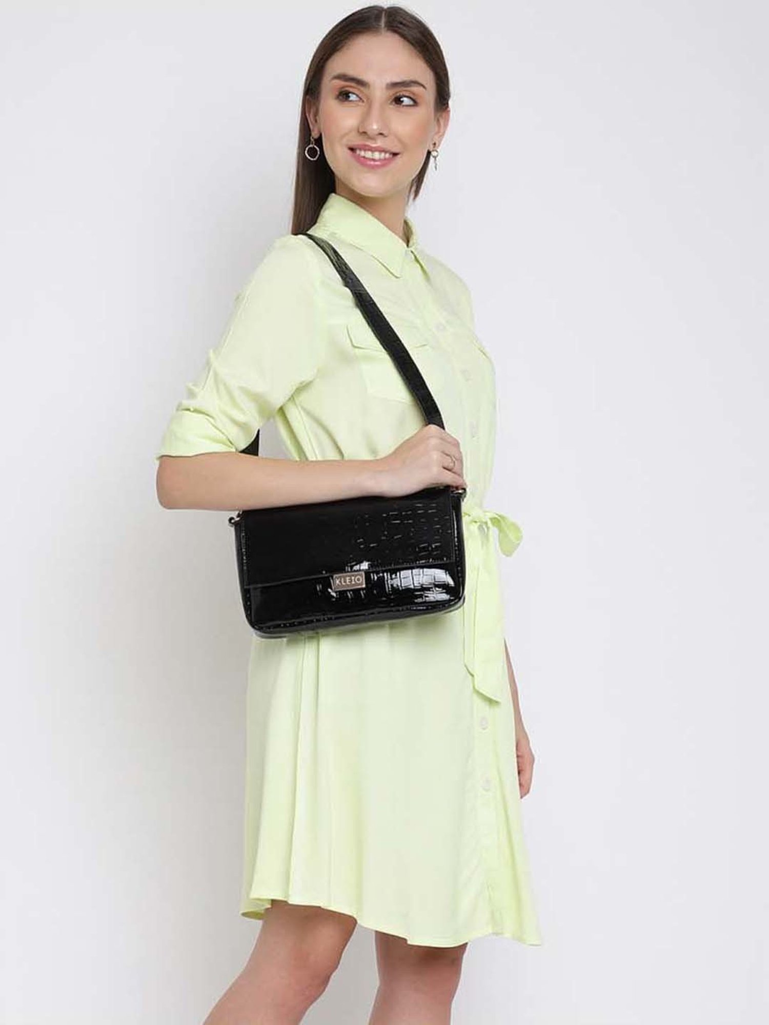 KLEIO Black Textured Medium Handbag