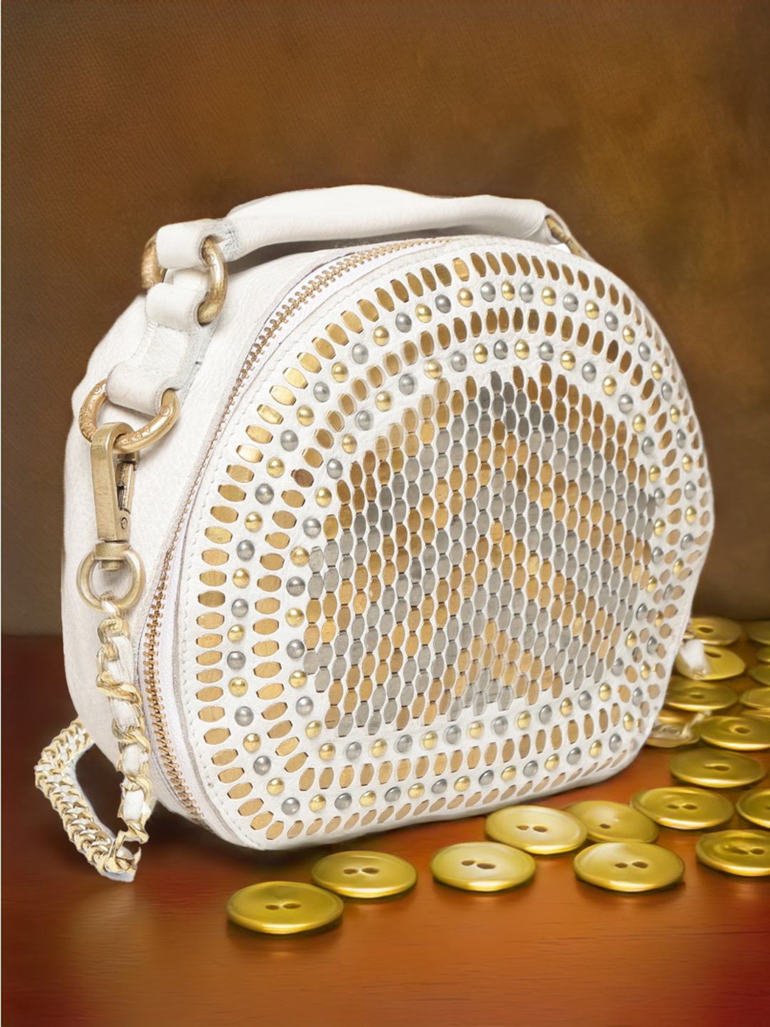 Art N Vintage Chic Riveted Elegance White Leather Embellished Small Handbag