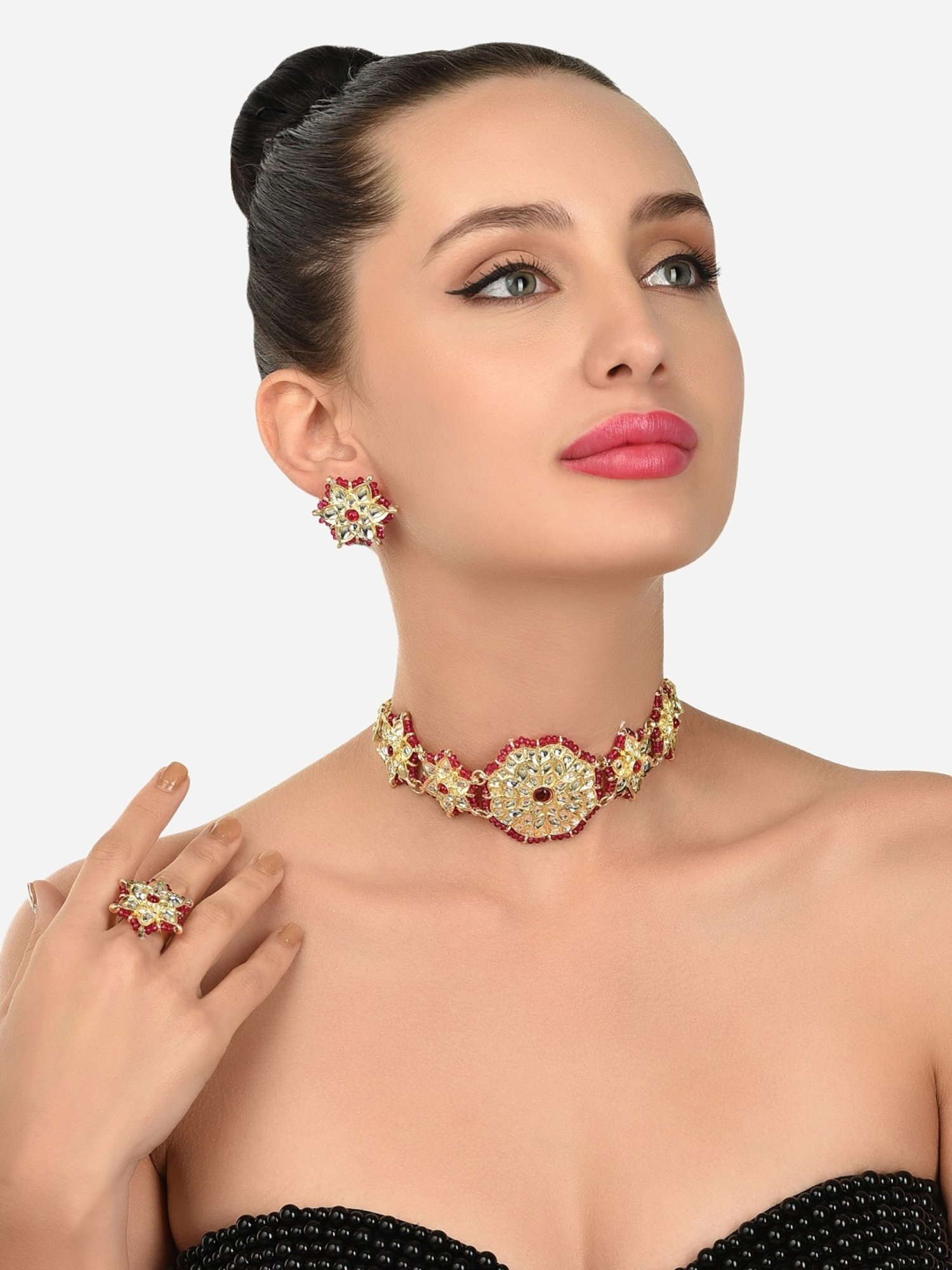 Zaveri Pearls Pink Crystal Beaded Ethnic Kundan Necklace, Earring & Ring Set