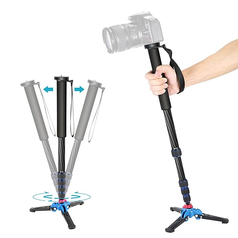 Extendable Camera Carbon Fiber Monopod with Removable Foldable Tripod Support Base: 5-Section Leg, Max. 66 inches for Canon Nikon Sony DSLR Cameras, Payload up to 11 pounds/5 kilograms