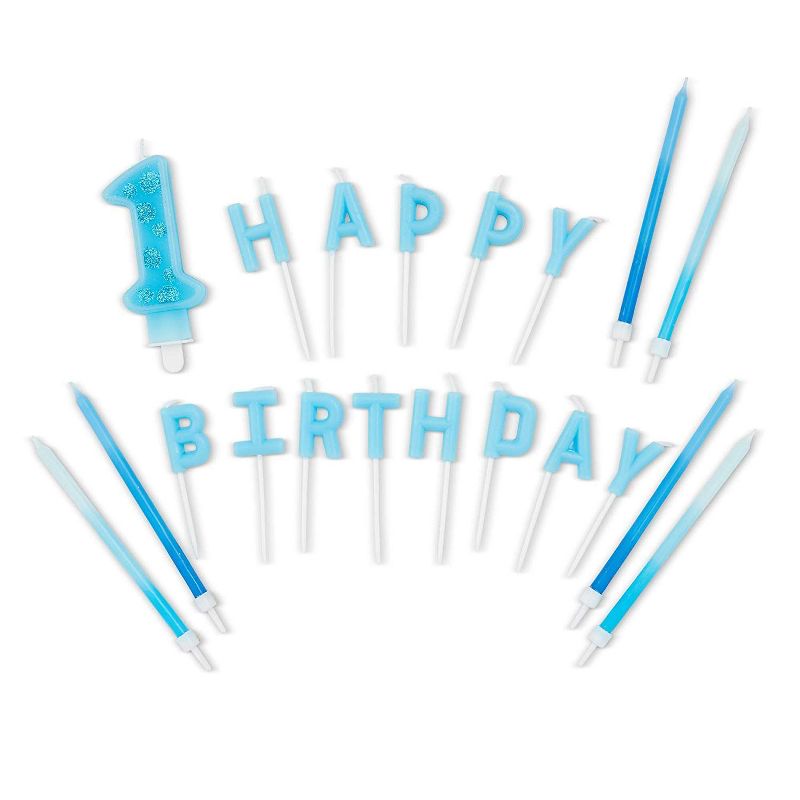 Blue Panda 38-Piece Blue Ombre "1 Happy Birthday" Cake Topper Letters & Birthday Cake Candles for 1st Birthday