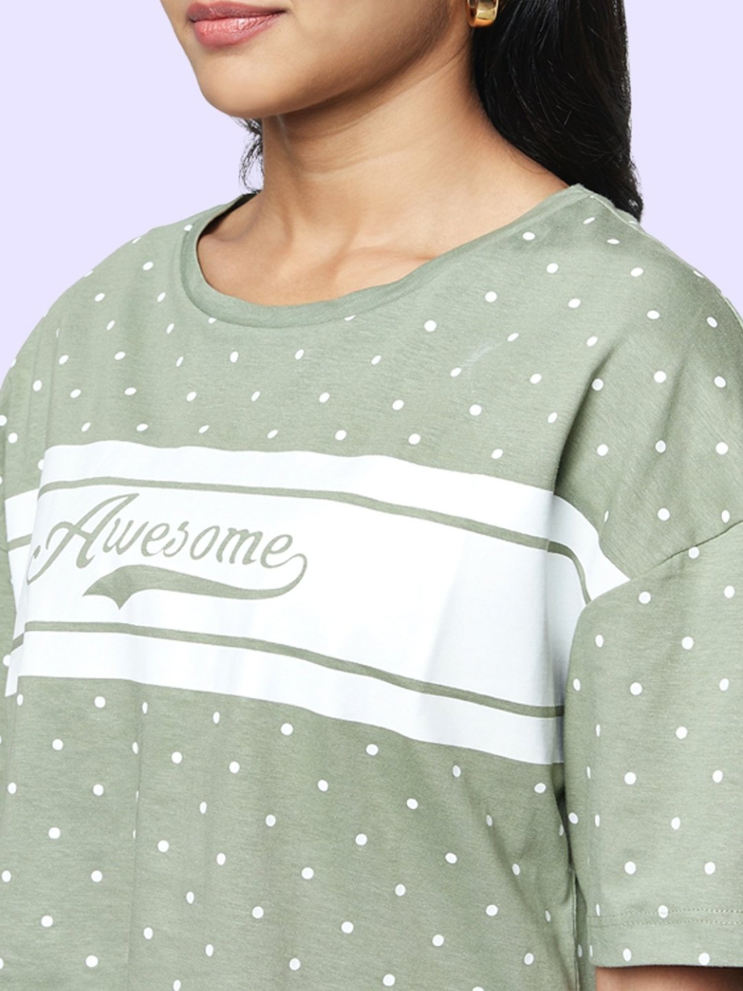 YU by Pantaloons Olive Green Cotton Graphic Print Top