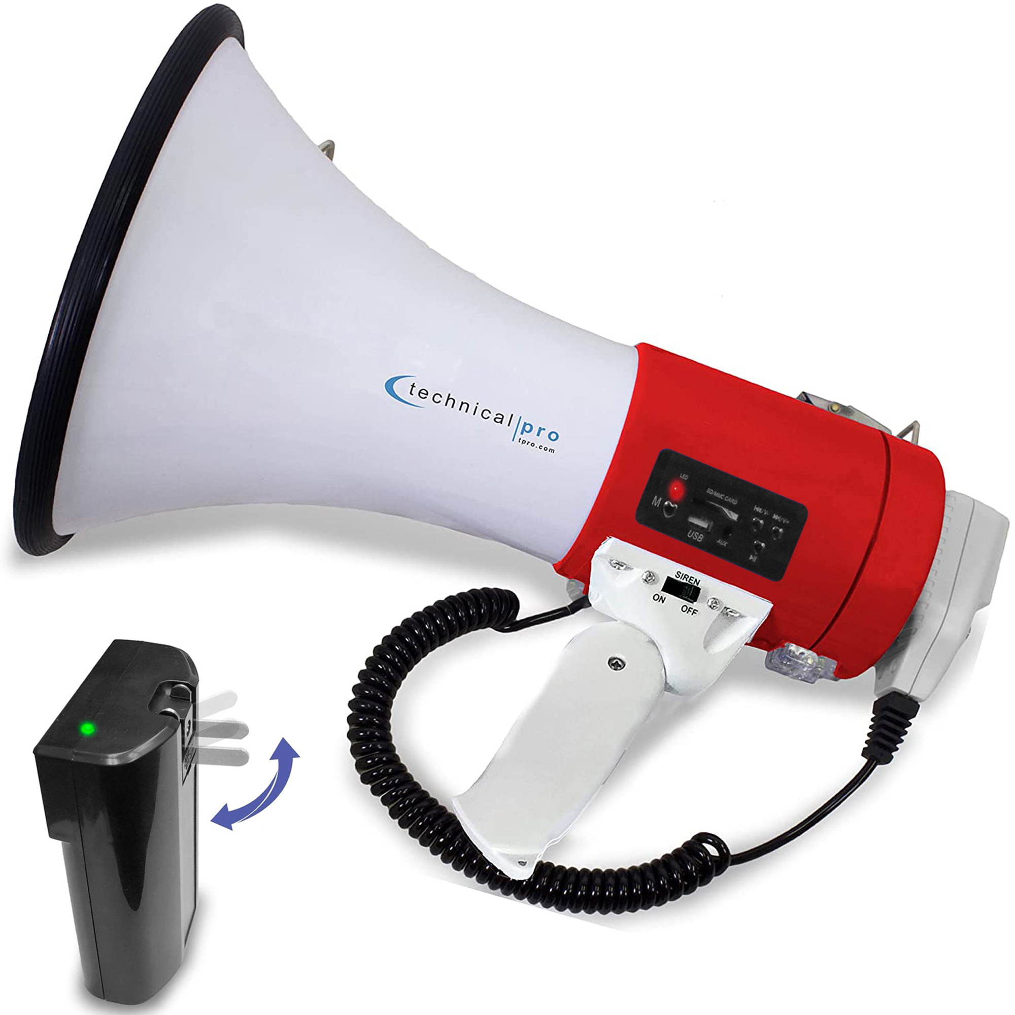Technical Pro Portable 50-Watt Megaphone Bullhorn Speaker w/ Siren & Detachable Microphone - Rechargeable Megaphone Battery w/ a Built-In AC Wall Charger, Good for Trainers, Coaches, Cheer Leaders