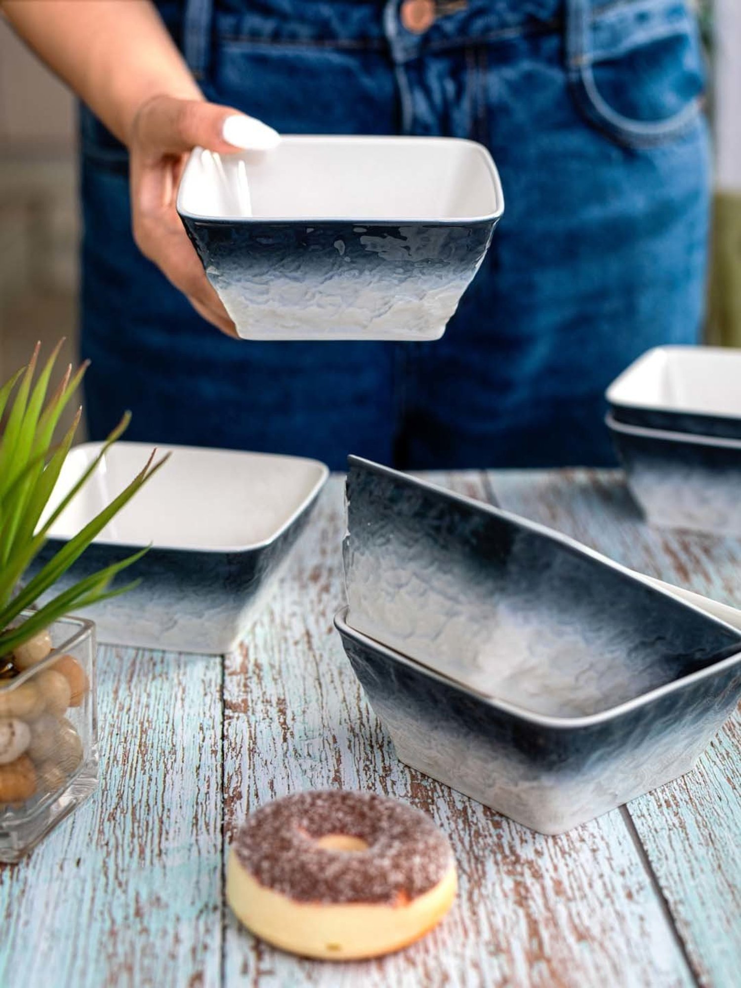 White Gold White & Blue Porcelain Bowl - Set of 6
