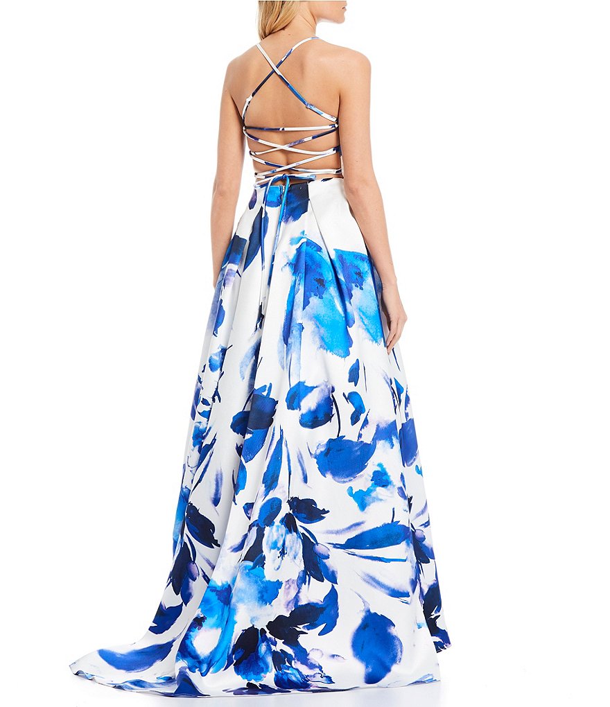 B. Darlin Floral Print Lace-Up Back Ball Gown