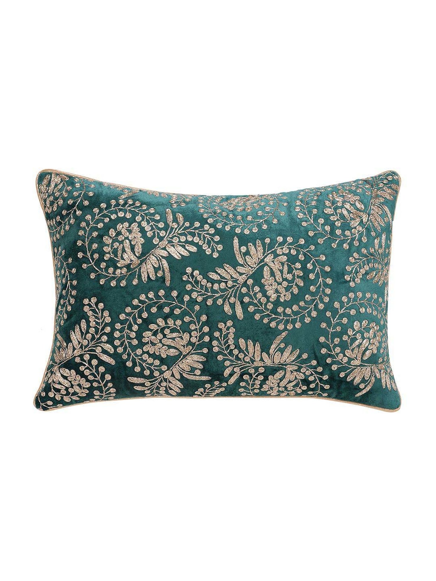 Pure Home and Living Teal Velvet Zari Embroidered Rectangular Cushion Cover