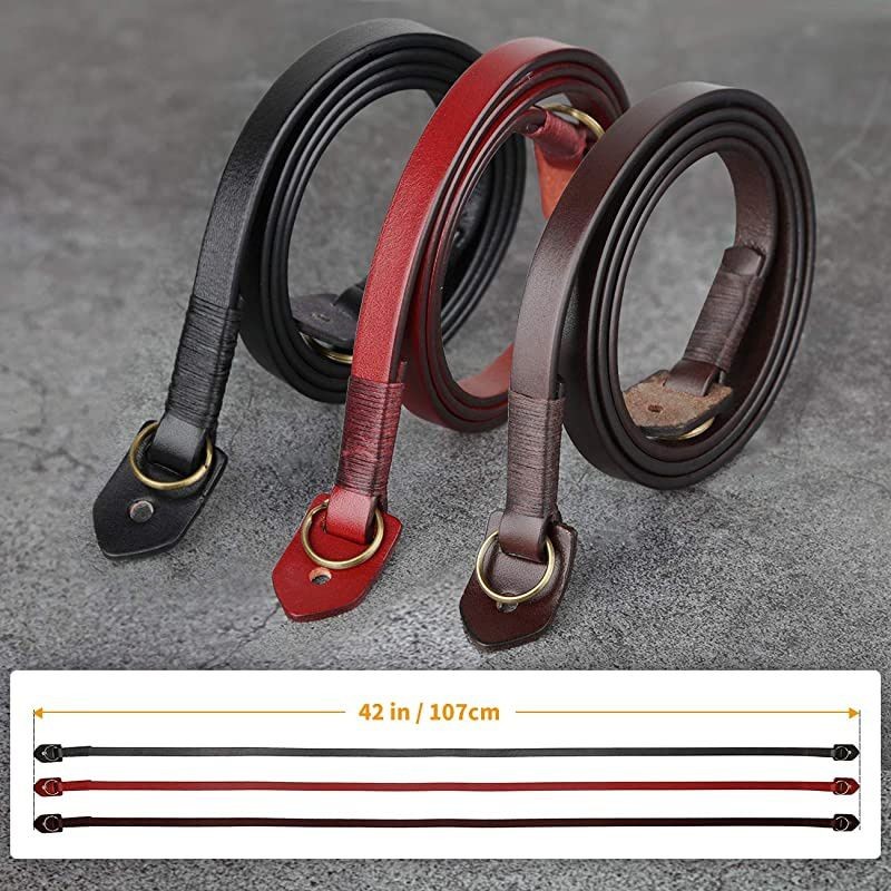 Camera Strap Leather Vintage DSLR Camera Neck Straps Belt Handmade Genuine Leather Film Camera Shoulder Strap Cord Long Slim Thin for SLR Mirrorless Cameras L3 Black